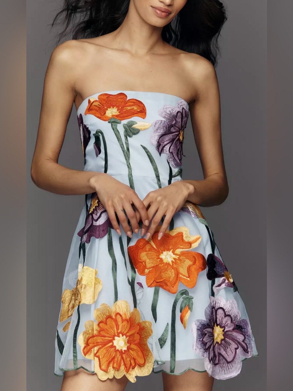 Anthropologie Maeve Floral Appliqué Embroidered Organza Strapless Mini Dress M - Picture 5 of 16